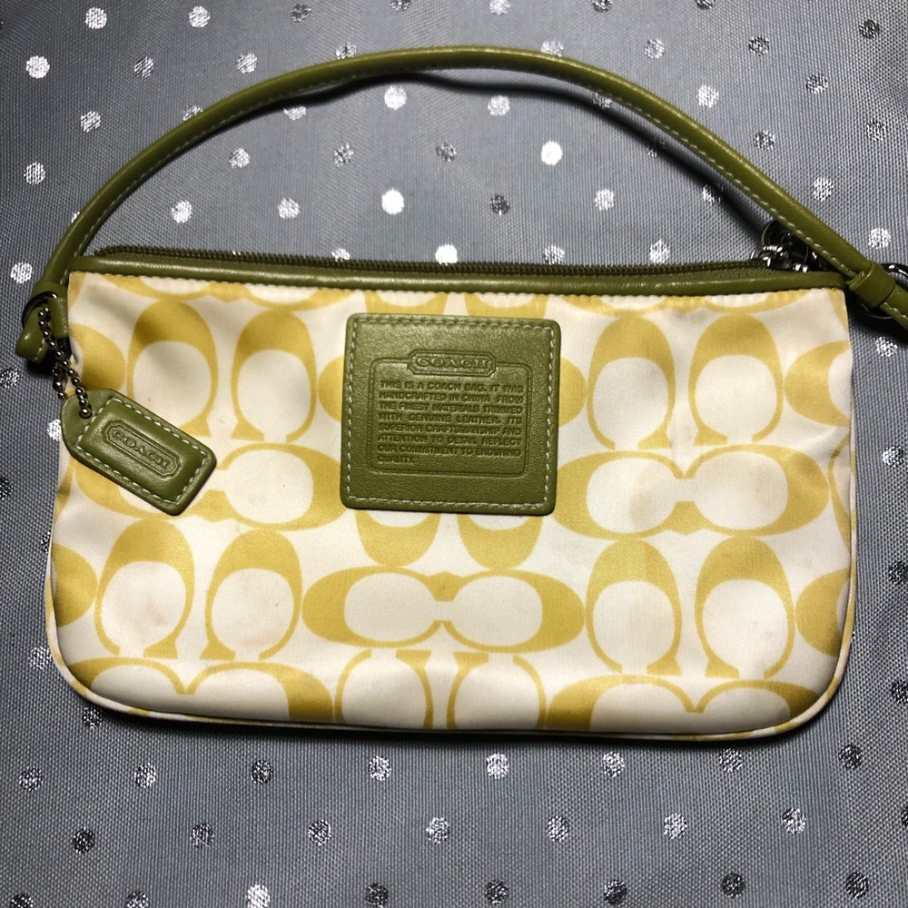 Green silk Coach wristlet